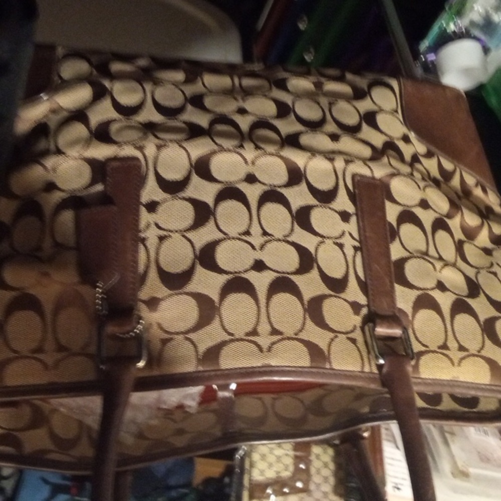 Coach tote bag  signature open closure canvas leather brown 6086